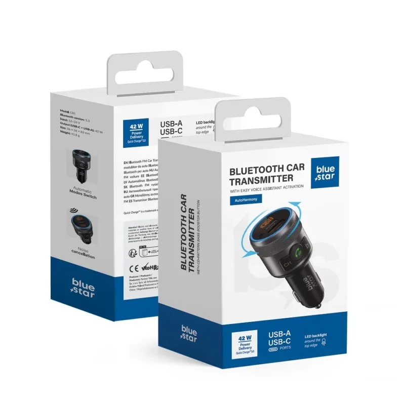 Automobilinis įkroviklis + FM transmiteris BLUE STAR FM QC3.0 PD 42W - Juodas