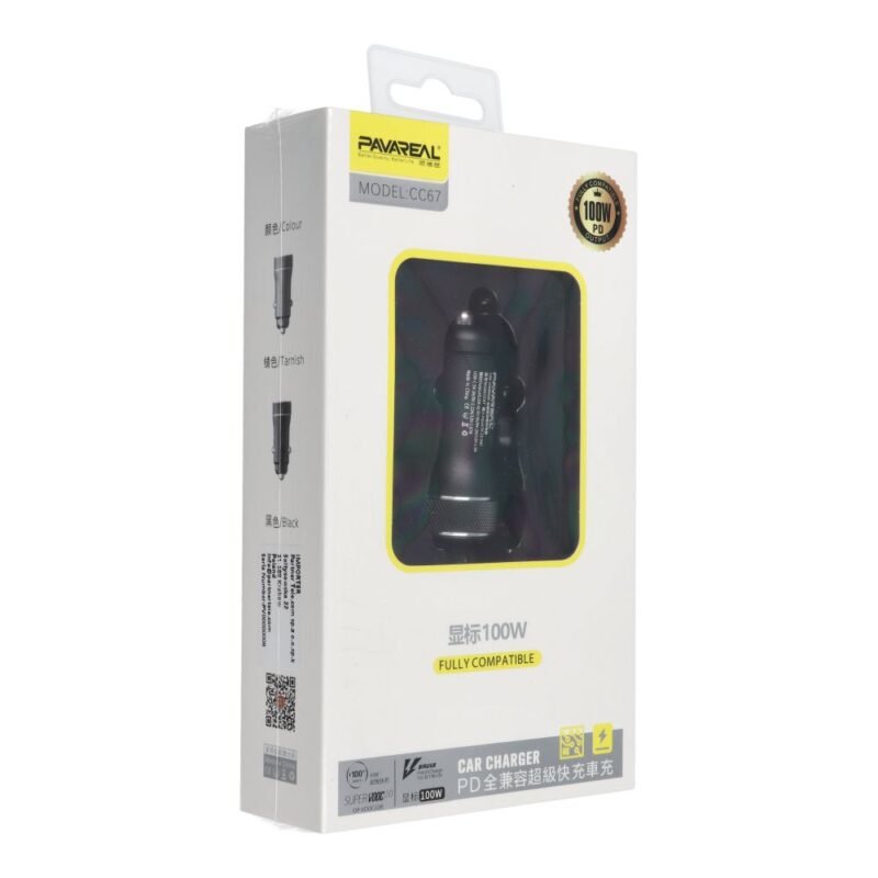 Auto įkroviklis PAVAREAL Type C PD 20W USB 3A PA-CC67 – Juodas