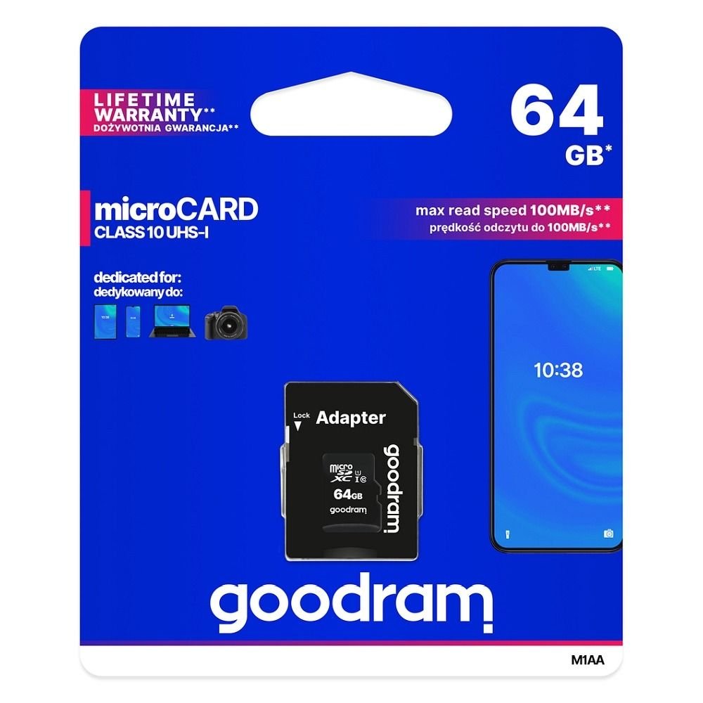 Micro SD atminties laikmena GOODRAM 64GB 100MBs Class 10 UHS I with adapter SD