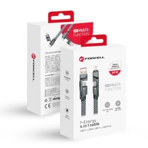 USB krovimo laidas FORCELL F-ENERGY C241 4in1 Type C USB A to Type C Lightning QC PD 3A 60W 1m